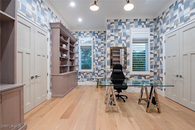 188 W St, Naples, FL 34108 - office featuring wallpapered walls, light wood-style floors, and crown molding