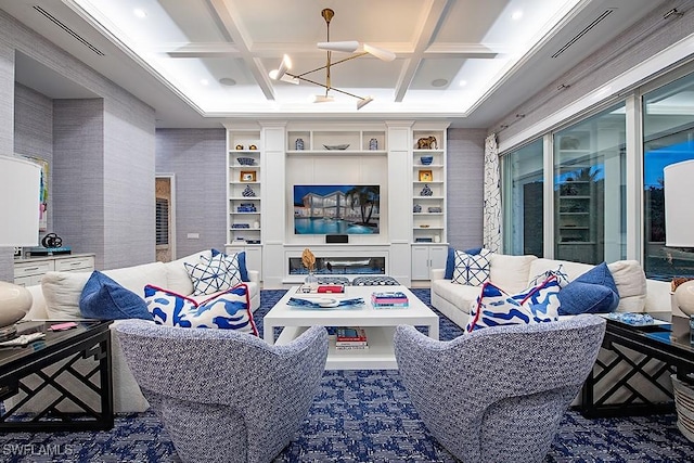 188 W St, Naples, FL 34108 - living area with coffered ceiling, a chandelier, and beamed ceiling