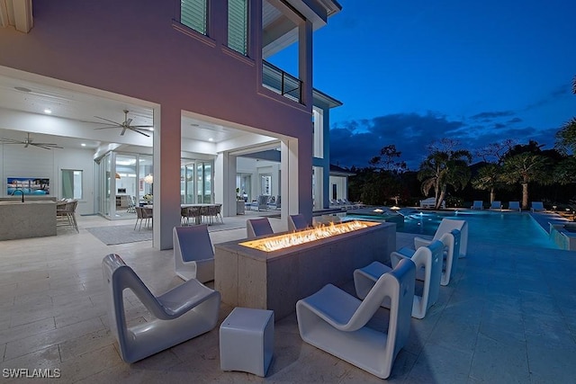 188 W St, Naples, FL 34108 - outdoor pool featuring an outdoor fire pit, a patio, ceiling fan, and outdoor dining space