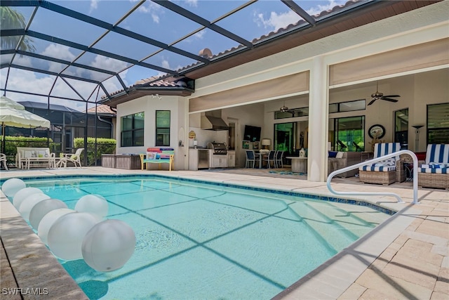 outdoor pool featuring a patio, a grill, area for grilling, ceiling fan, and a lanai