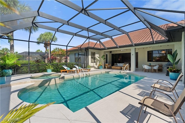 view of swimming pool with a lanai, a patio, a pool with connected hot tub, and outdoor dining space