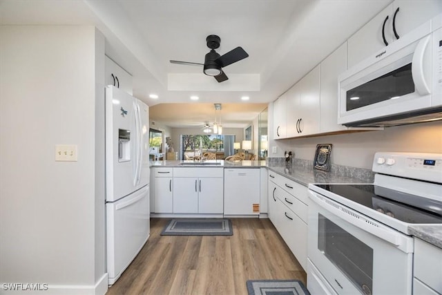 527 Lake Louise Cir Unit 101, Naples, FL 34110 - kitchen featuring a sink, white appliances, dark wood-style floors, recessed lighting, and a ceiling fan