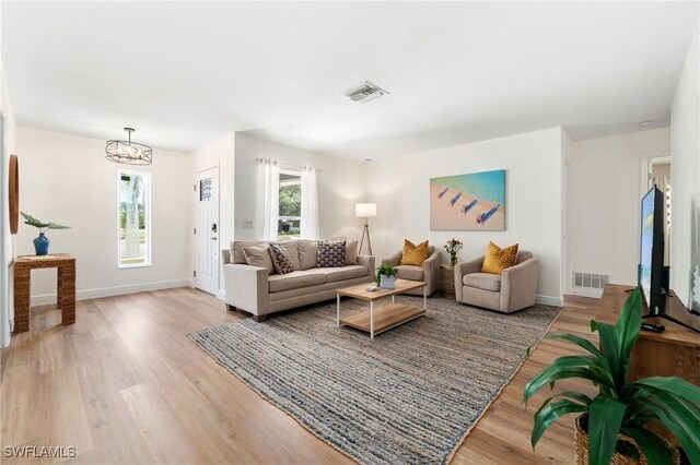 3565 Balboa Cir W, Naples, FL 34105 - living room with baseboards, visible vents, and light wood-style flooring