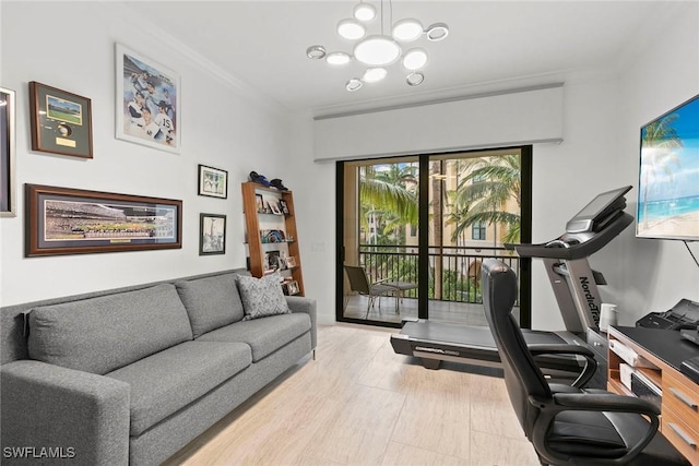 workout area with light wood-type flooring and ornamental molding