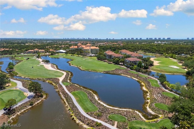 birds eye view of property featuring a water view, view of golf course, and a city view