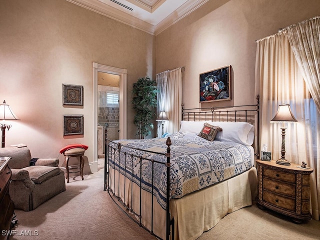 9663 Mashie Ct, Naples, FL 34108 - bedroom featuring carpet floors, crown molding, baseboards, a high ceiling, and ensuite bathroom