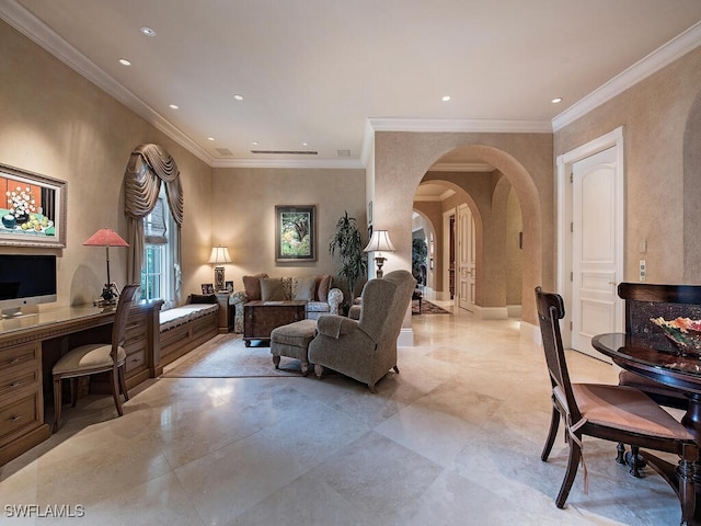 9663 Mashie Ct, Naples, FL 34108 - office space with arched walkways, recessed lighting, and crown molding