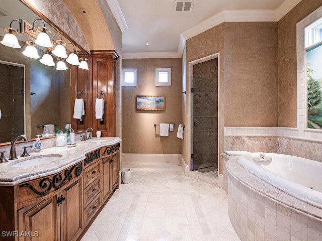 9663 Mashie Ct, Naples, FL 34108 - full bath featuring a whirlpool tub, plenty of natural light, double vanity, a stall shower, and ornamental molding