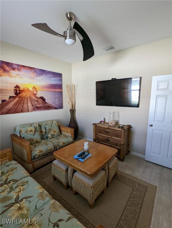 living area with a ceiling fan, visible vents, wood finished floors, and baseboards