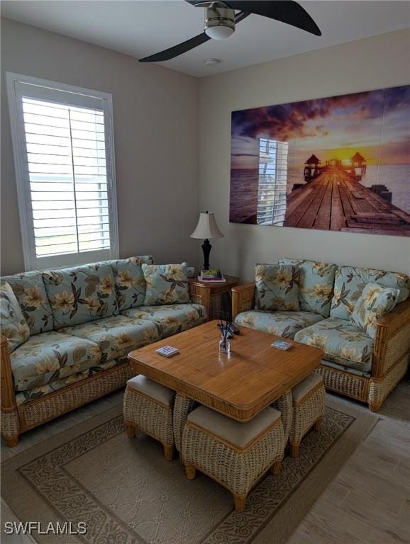 living room featuring wood finished floors and ceiling fan