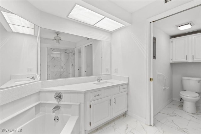 full bathroom with marble finish floor, toilet, vanity, baseboards, and a marble finish shower