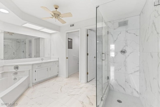 bathroom with visible vents, a marble finish shower, vanity, a ceiling fan, and marble finish floor