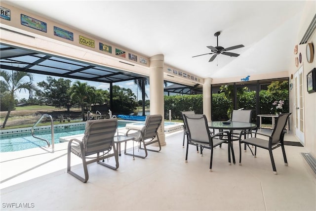 9895 El Greco Cir, Bonita Springs, FL 34135 - view of patio featuring ceiling fan and an outdoor pool