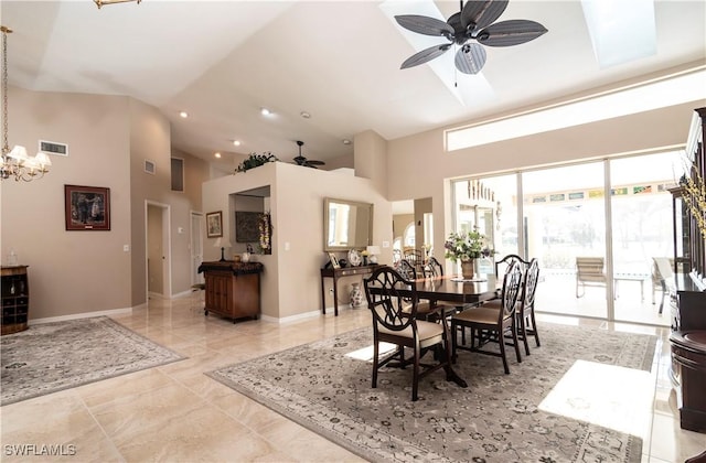 9895 El Greco Cir, Bonita Springs, FL 34135 - dining area with ceiling fan, high vaulted ceiling, a chandelier, baseboards, and recessed lighting