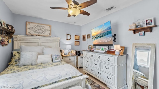 bedroom featuring a ceiling fan and visible vents