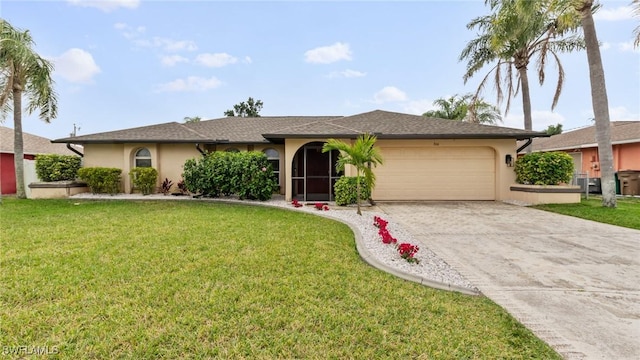 ranch-style home with a garage, driveway, a front lawn, and stucco siding