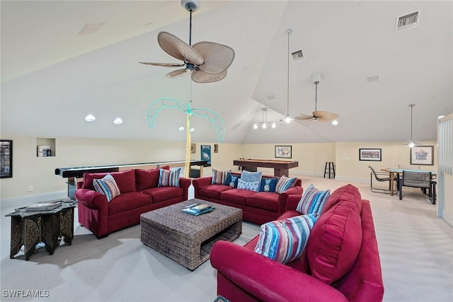 carpeted living room with a ceiling fan, visible vents, billiards, and lofted ceiling