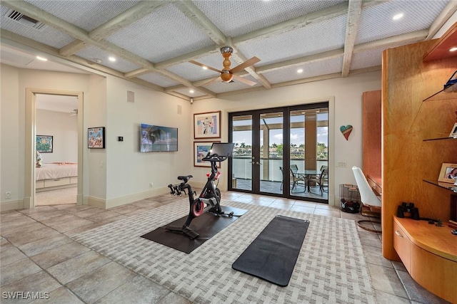 exercise room featuring a ceiling fan, baseboards, visible vents, and coffered ceiling