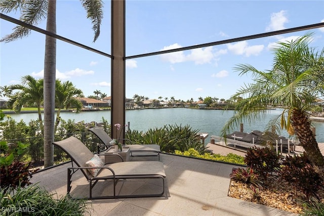 view of patio featuring a water view