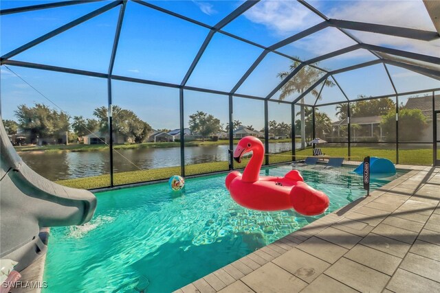 9680 Pineapple Preserve Ct, Fort Myers, FL 33908 - pool with a water view, glass enclosure, a patio area, and a water slide
