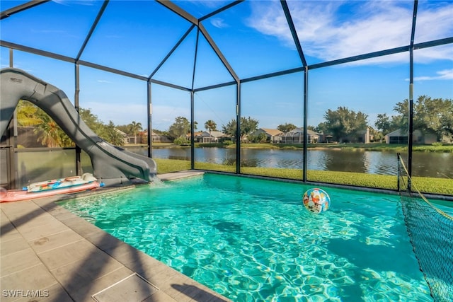 9680 Pineapple Preserve Ct, Fort Myers, FL 33908 - pool with a water view, glass enclosure, a patio area, and a water slide