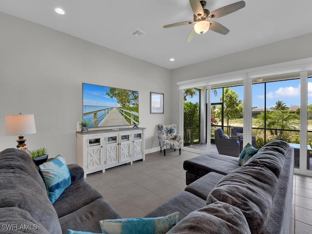 28426 Montecristo Loop, Bonita Springs, FL 34135 - tiled living room with visible vents, a ceiling fan, baseboards, and recessed lighting