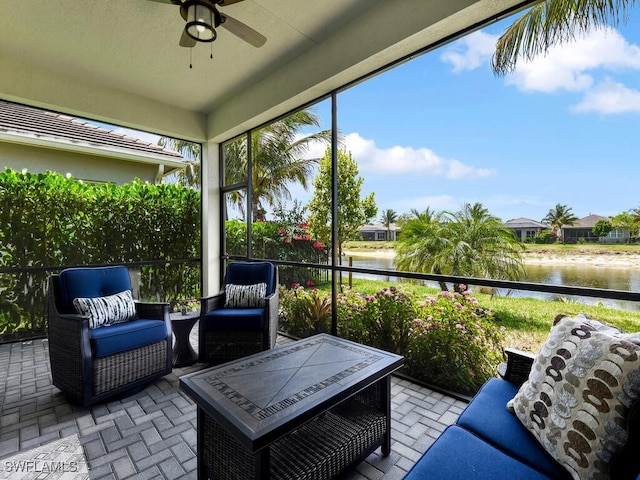 28426 Montecristo Loop, Bonita Springs, FL 34135 - sunroom / solarium with a water view, a ceiling fan, and an outdoor hangout area