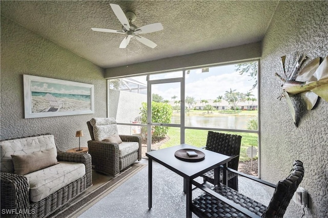 6171 Mandalay Cir Unit 28, Naples, FL 34112 - sunroom / solarium featuring a water view and ceiling fan