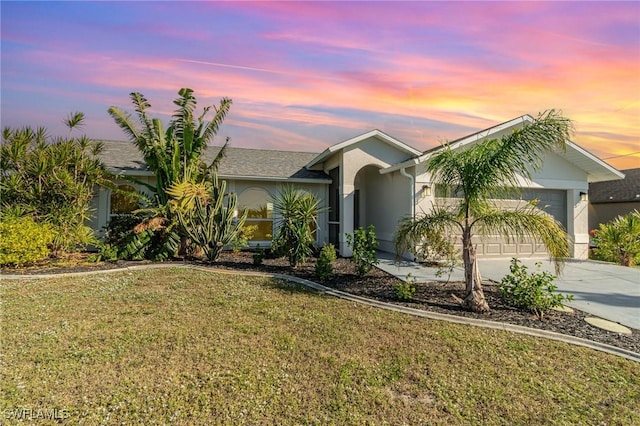 2727 SW 18th Pl, Cape Coral, FL 33914 - ranch-style home with a lawn, stucco siding, concrete driveway, and an attached garage