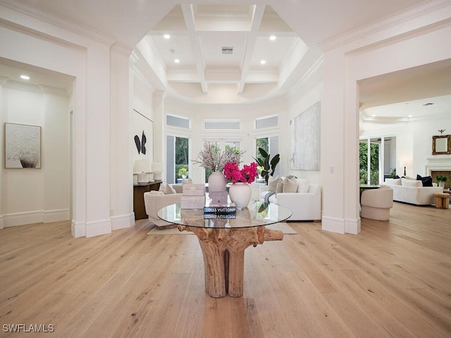 650 Bow Line Dr, Naples, FL 34103 - entrance foyer featuring ornamental molding, light wood-style floors, beam ceiling, coffered ceiling, and baseboards