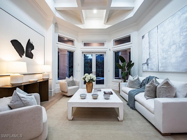 650 Bow Line Dr, Naples, FL 34103 - living room featuring beamed ceiling, coffered ceiling, light wood-type flooring, ornamental molding, and a towering ceiling