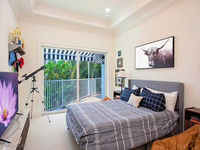 650 Bow Line Dr, Naples, FL 34103 - bedroom featuring access to exterior, a raised ceiling, crown molding, and carpet
