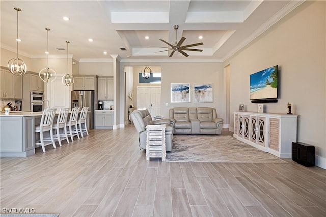 19720 Panther Island Blvd, Estero, FL 33928 - living area with crown molding, baseboards, ceiling fan with notable chandelier, coffered ceiling, and recessed lighting