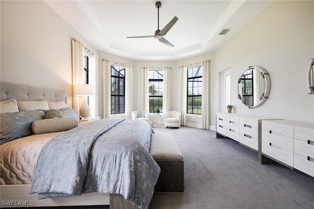 19720 Panther Island Blvd, Estero, FL 33928 - carpeted bedroom featuring a ceiling fan, visible vents, ornamental molding, and a raised ceiling