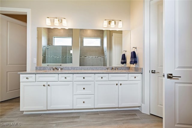 19720 Panther Island Blvd, Estero, FL 33928 - bathroom featuring a sink, a walk in shower, wood tiled floor, and double vanity