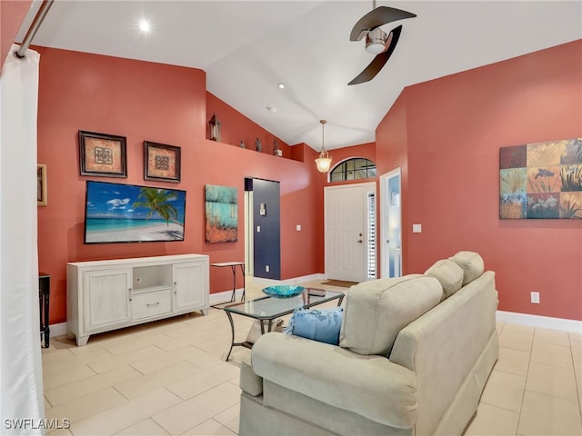 28796 Hunters Ct, Bonita Springs, FL 34135 - living area with high vaulted ceiling, a ceiling fan, baseboards, recessed lighting, and light tile patterned floors