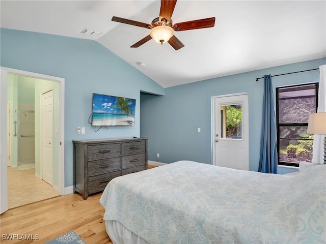 28796 Hunters Ct, Bonita Springs, FL 34135 - bedroom with ceiling fan, visible vents, light wood-style floors, baseboards, and vaulted ceiling
