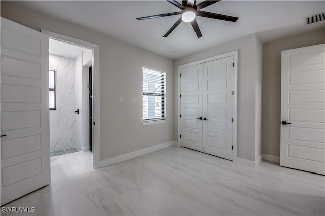 10 NW 13th Pl, Cape Coral, FL 33993 - unfurnished bedroom featuring baseboards, visible vents, ceiling fan, and a closet