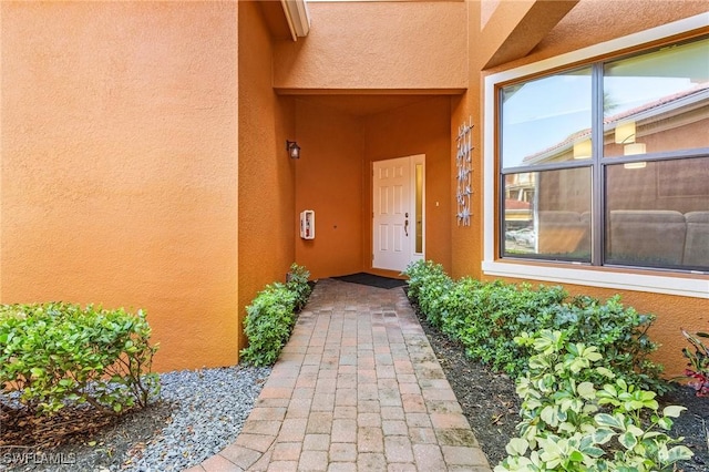 doorway to property with stucco siding