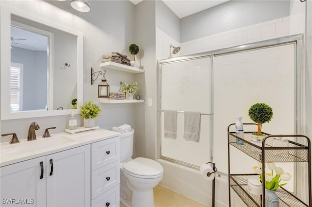 bathroom with vanity, enclosed tub / shower combo, toilet, and tile patterned flooring