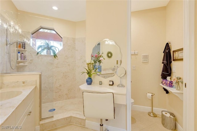 full bathroom featuring a walk in shower, toilet, tile patterned flooring, and vanity