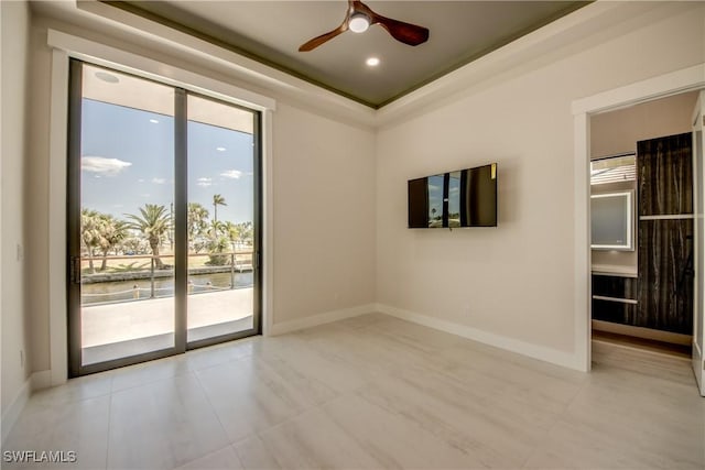 spare room with baseboards, recessed lighting, ceiling fan, and light tile patterned floors