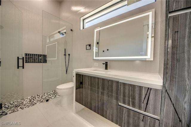 full bathroom with vanity, a stall shower, and toilet