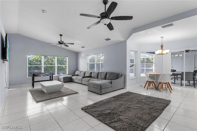 4004 Chiquita Blvd S, Cape Coral, FL 33914 - living area with visible vents, light tile patterned floors, ceiling fan with notable chandelier, and lofted ceiling