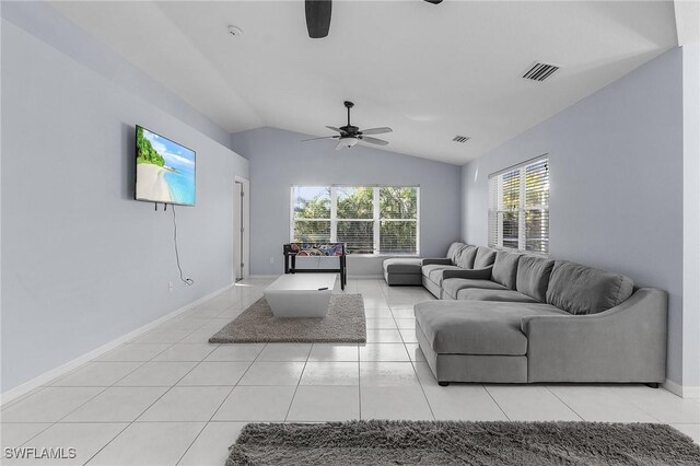 4004 Chiquita Blvd S, Cape Coral, FL 33914 - living room featuring light tile patterned floors, ceiling fan, visible vents, vaulted ceiling, and baseboards