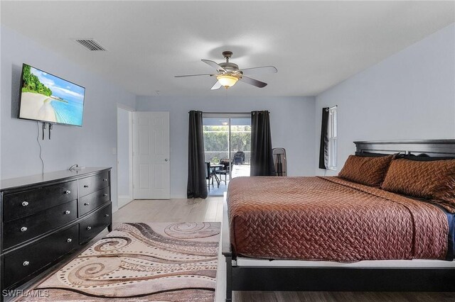 4004 Chiquita Blvd S, Cape Coral, FL 33914 - bedroom featuring ceiling fan, visible vents, baseboards, light wood-type flooring, and access to outside