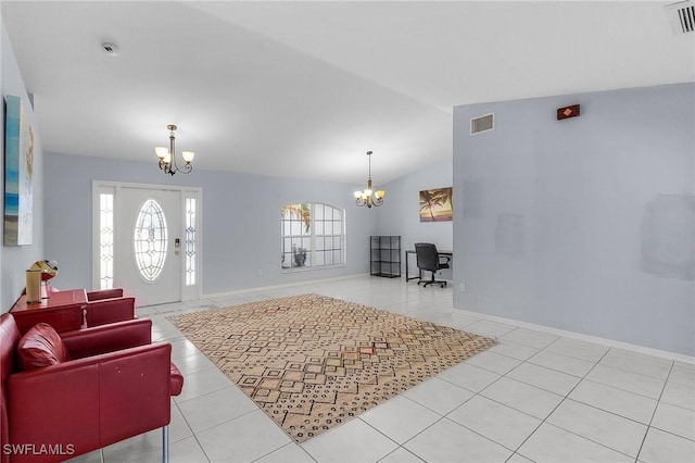4004 Chiquita Blvd S, Cape Coral, FL 33914 - foyer entrance with tile patterned flooring, an inviting chandelier, lofted ceiling, and visible vents