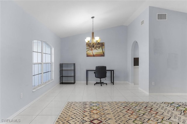 4004 Chiquita Blvd S, Cape Coral, FL 33914 - dining room featuring visible vents, arched walkways, an inviting chandelier, light tile patterned flooring, and vaulted ceiling