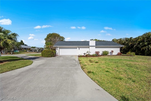 6012 Perthshire Ln, Fort Myers, FL 33908 - ranch-style home with an attached garage, driveway, a front lawn, and a chimney