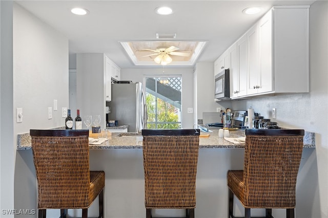 15400 River Vista Dr Unit 304, North Fort Myers, FL 33917 - kitchen with appliances with stainless steel finishes, light stone countertops, a raised ceiling, a peninsula, and white cabinetry